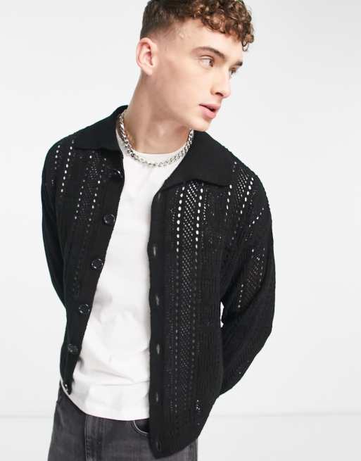 COLLUSION - Camicia giacca nera in maglia all'uncinetto