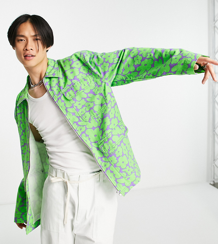 COLLUSION - Camicia giacca verde chiaro a fiori in twill in coordinato Camicia uomo Verde