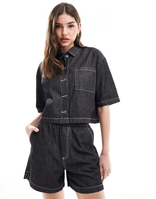 COLLUSION - Camicia in denim oversize leggera a maniche corte con cuciture a contrasto in coordinato