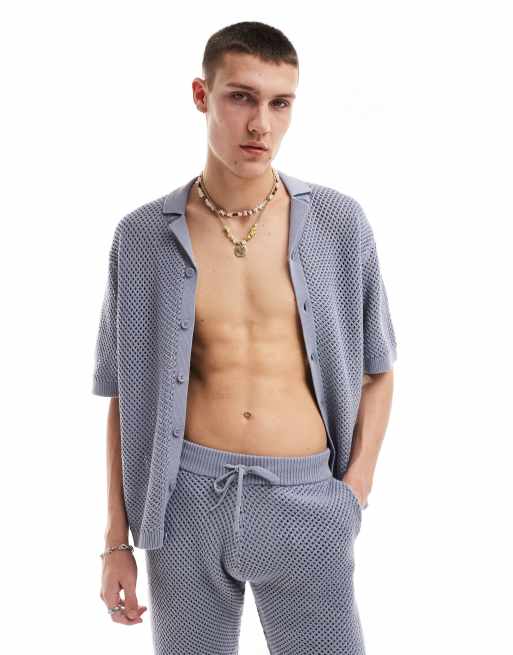 COLLUSION - Camicia in maglia blu in coordinato