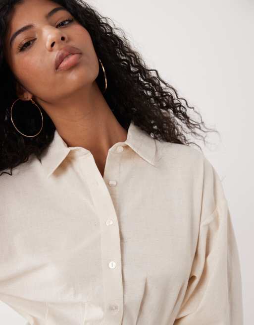 COLLUSION - Camicia in misto lino con vita stretta colore naturale, 2 di 4