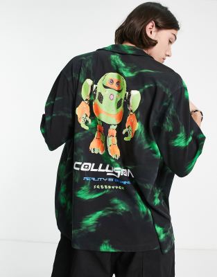 COLLUSION - Camicia in piqué nera con stampa