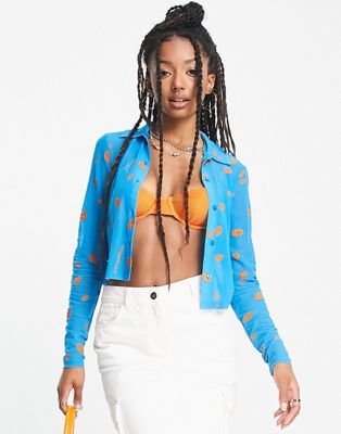COLLUSION flower embroidered mesh shirt in blue  - ASOS Price Checker