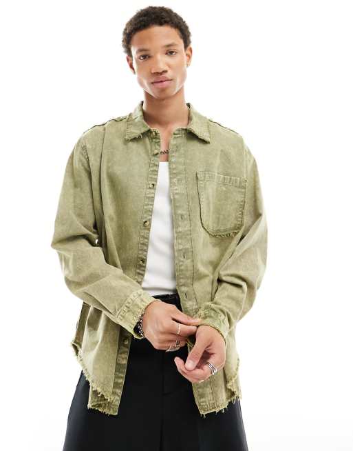 COLLUSION - Camicia in twill kaki lavaggio acido