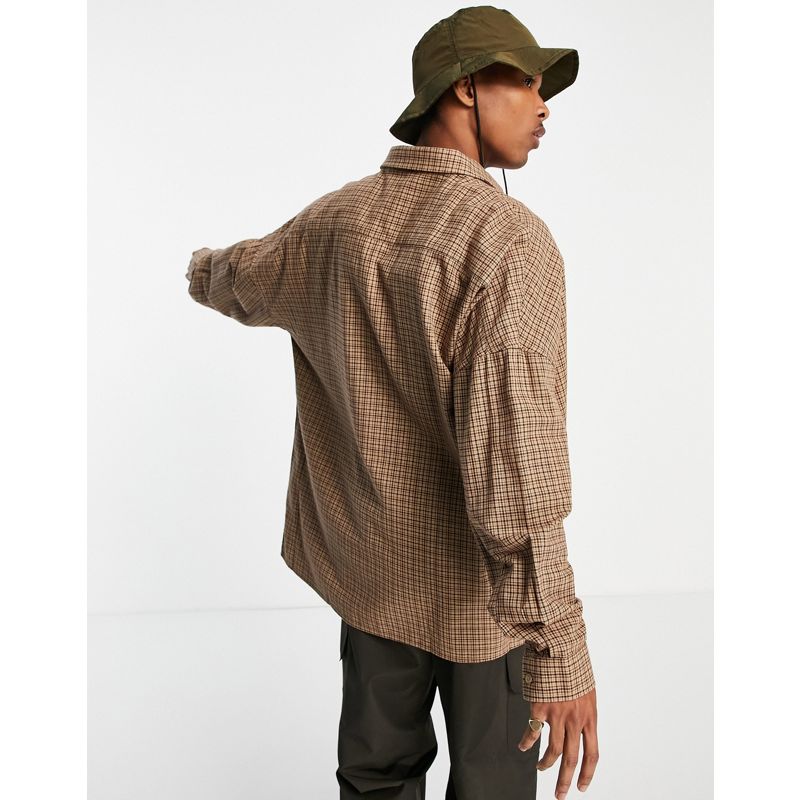 Camicie Uomo COLLUSION - Camicia marrone a quadri con spalle scivolate