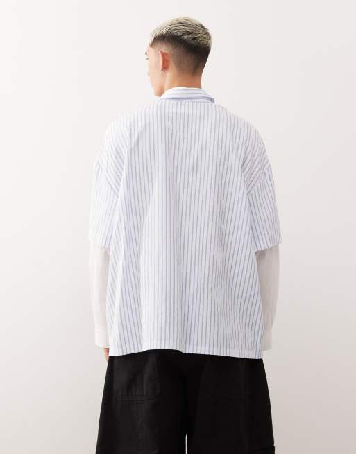 COLLUSION - Camicia oversize squadrata a doppio strato blu a righe, 3 di 5