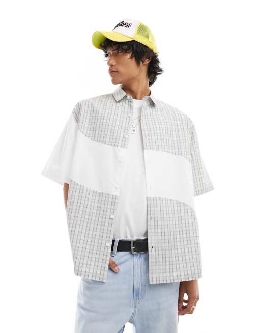 COLLUSION - Camicia squadrata blu a quadri con inserto ondulato