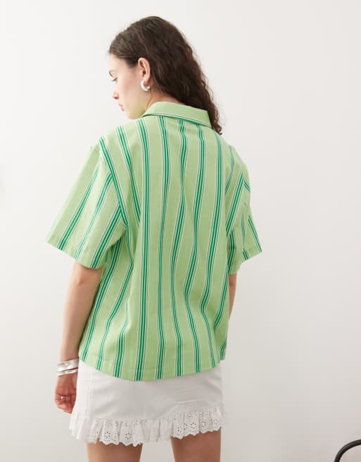 COLLUSION - Camicia squadrata effetto lino verde a righe, 3 di 4