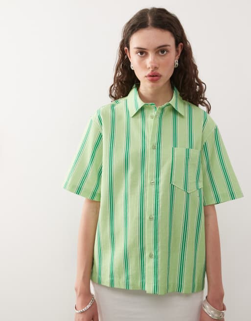 COLLUSION - Camicia squadrata effetto lino verde a righe, 4 di 4