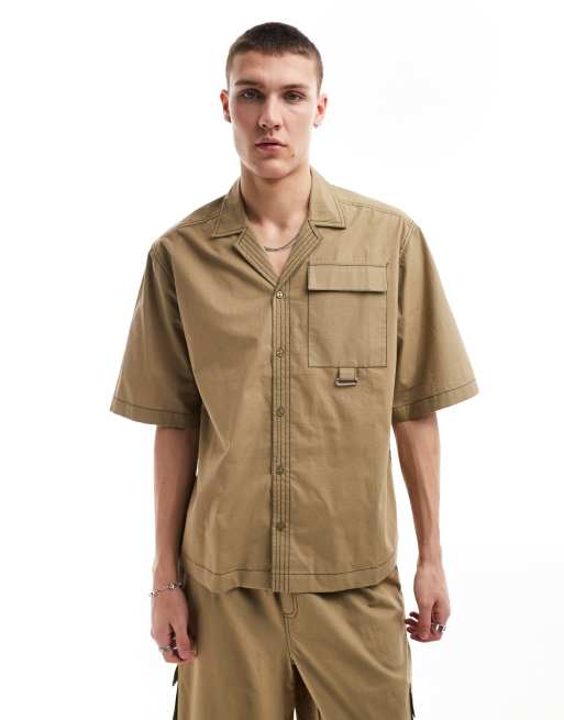 COLLUSION - Camicia squadrata in tessuto ripstop kaki con rever e cuciture a contrasto in coordinato
