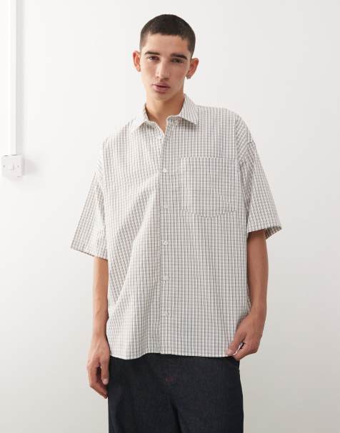 COLLUSION - Camicia stile skate squadrata a maniche corte neutra a quadri - view 1