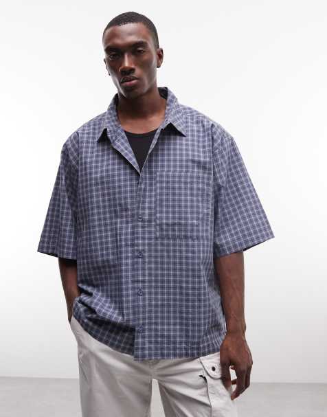 COLLUSION - Camisa azul a cuadros extragrande de manga corta - view 1