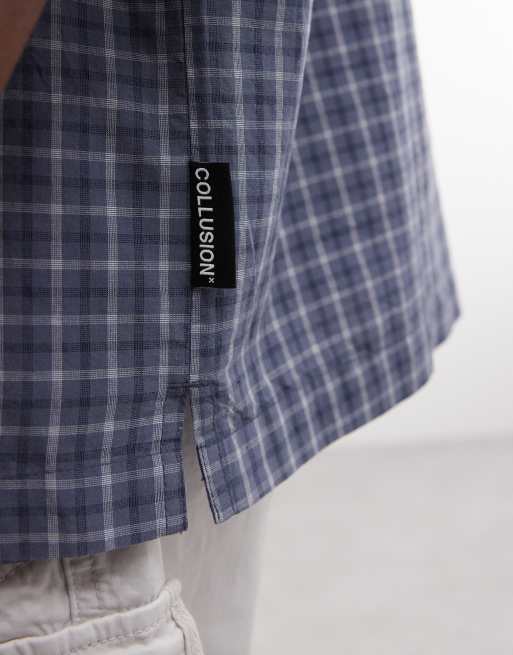 COLLUSION - Camisa azul a cuadros extragrande de manga corta, 3 de 5