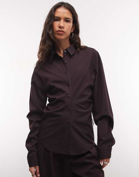 COLLUSION - camisa oversize entallada a la cintura de raya diplomática burdeos - view 1