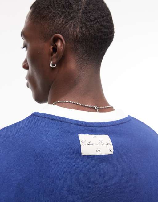 COLLUSION - Camiseta azul marino extragrande de estilo deportivo con cuello de pico, 3 de 5