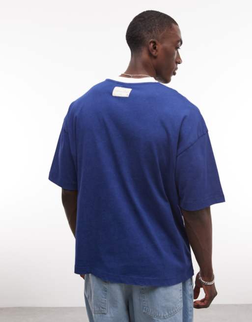 COLLUSION - Camiseta azul marino extragrande de estilo deportivo con cuello de pico, 5 de 5