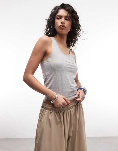 COLLUSION - Camiseta gris jaspeado sin mangas con pespuntes en contraste - view 1