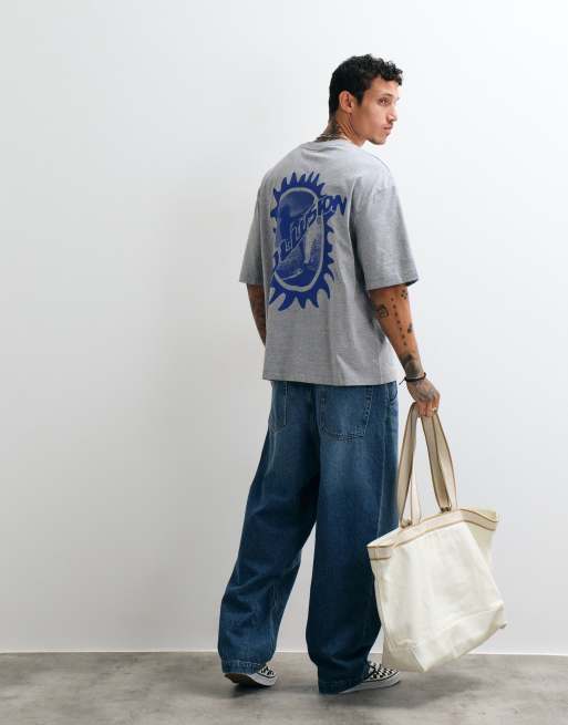 COLLUSION - camiseta oversize de manga corta en gris jaspeado con gráfico azul de surf, 3 de 10