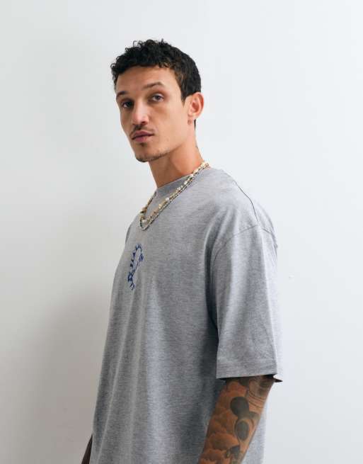 COLLUSION - camiseta oversize de manga corta en gris jaspeado con gráfico azul de surf, 5 de 10