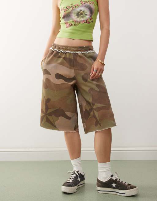 Women's Camo 2-Piece Outfit - Crop Top & Shorts Set, Casual Jogger Style, XX-Large Green