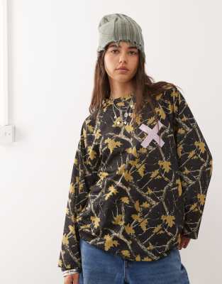 Collusion Camo Printed Airtex Long Sleeve Top-black In Brown