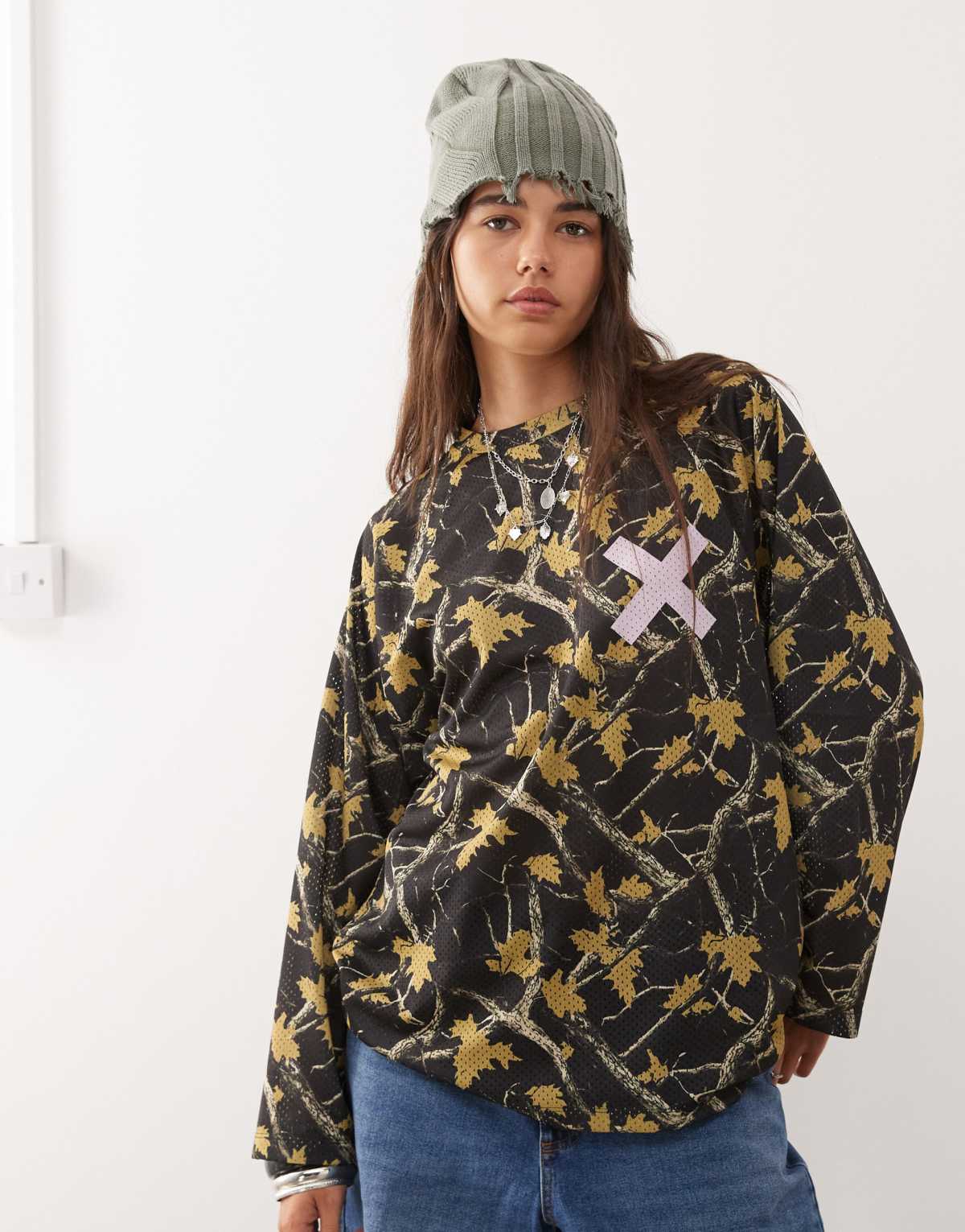 COLLUSION camo printed airtex long sleeve top
