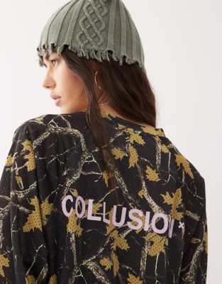 Collusion Camo Printed Airtex Long Sleeve Top-black In Brown