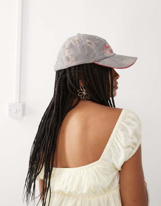 COLLUSION camp print slogan cap in multi