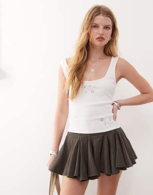 Canotta Donna Con Ricamo A Occhielli E Color Block – Scollo Rotondo, Vestibilità Ampia, Rayon E Spandex, Taglie M-2XL