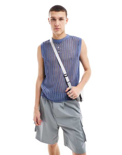 Collusion - Canotta oversize in maglia blu all'uncinetto - view 1