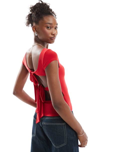 COLLUSION cap sleeve backless tie top in tomato red - view 1