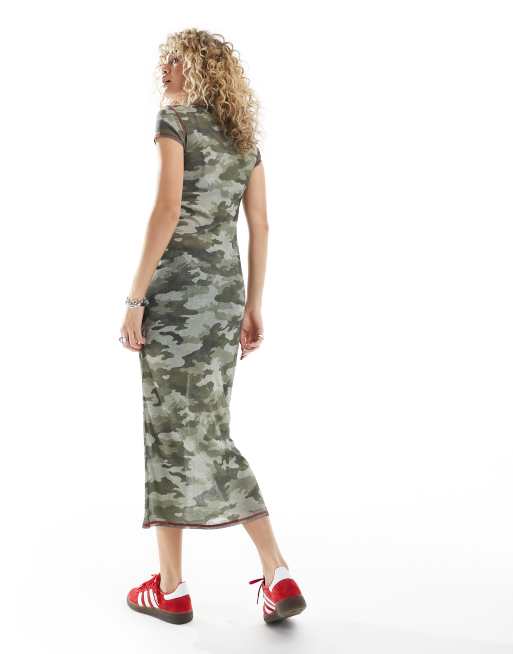 COLLUSION cap sleeve camo print maxi dress in green ASOS