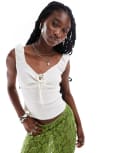 [Collusion] COLLUSION cap sleeve tie front top in white rib L WHITE