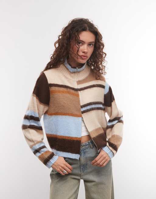 COLLUSION cardigan con zip e collo a imbuto a righe multicolore, 1 di 4