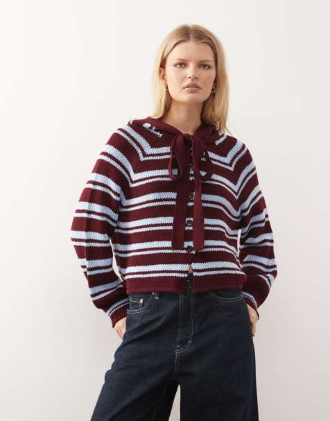 COLLUSION - Cardigan in maglia bordeaux e blu a righe con cappuccio e sciarpa - view 1