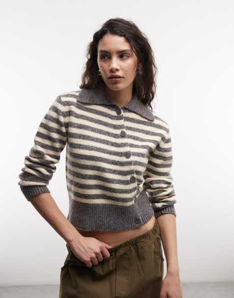 COLLUSION cardigan in maglia con colletto a righe crema e grigie - view 1