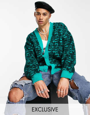 COLLUSION - Cardigan in maglia jacquard spazzolata verde con stampa ondulata