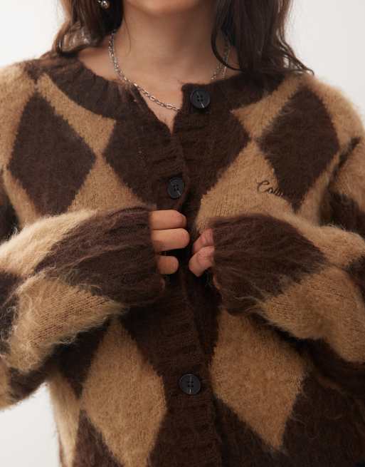 COLLUSION - Cardigan in maglia soffice marrone cioccolato con motivo a rombi, 2 di 4