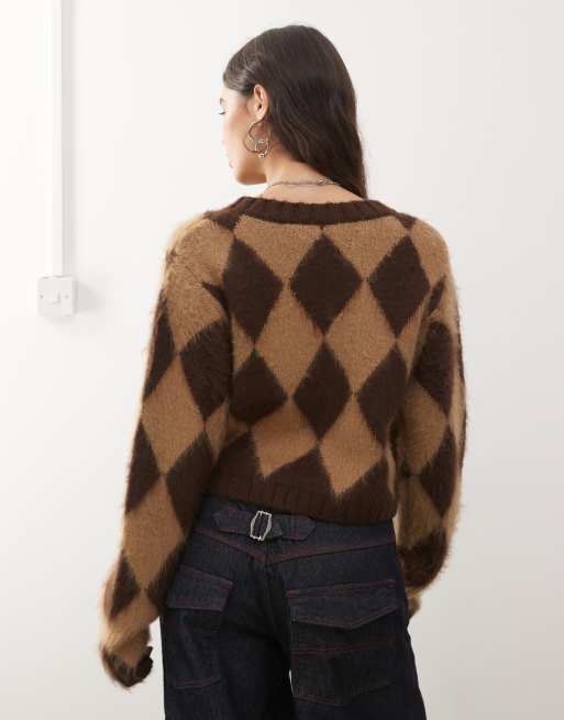 COLLUSION - Cardigan in maglia soffice marrone cioccolato con motivo a rombi, 3 di 4