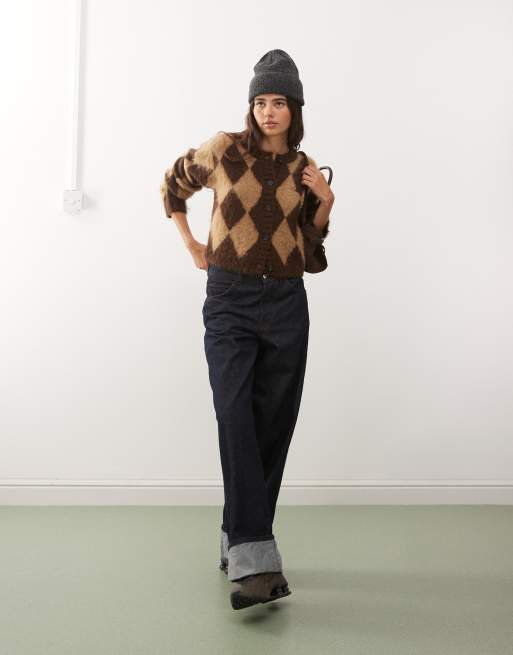COLLUSION - Cardigan in maglia soffice marrone cioccolato con motivo a rombi, 4 di 4
