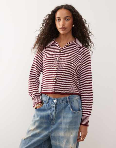 COLLUSION - Cardigan rosa in maglia a righe con maniche raglan - view 1