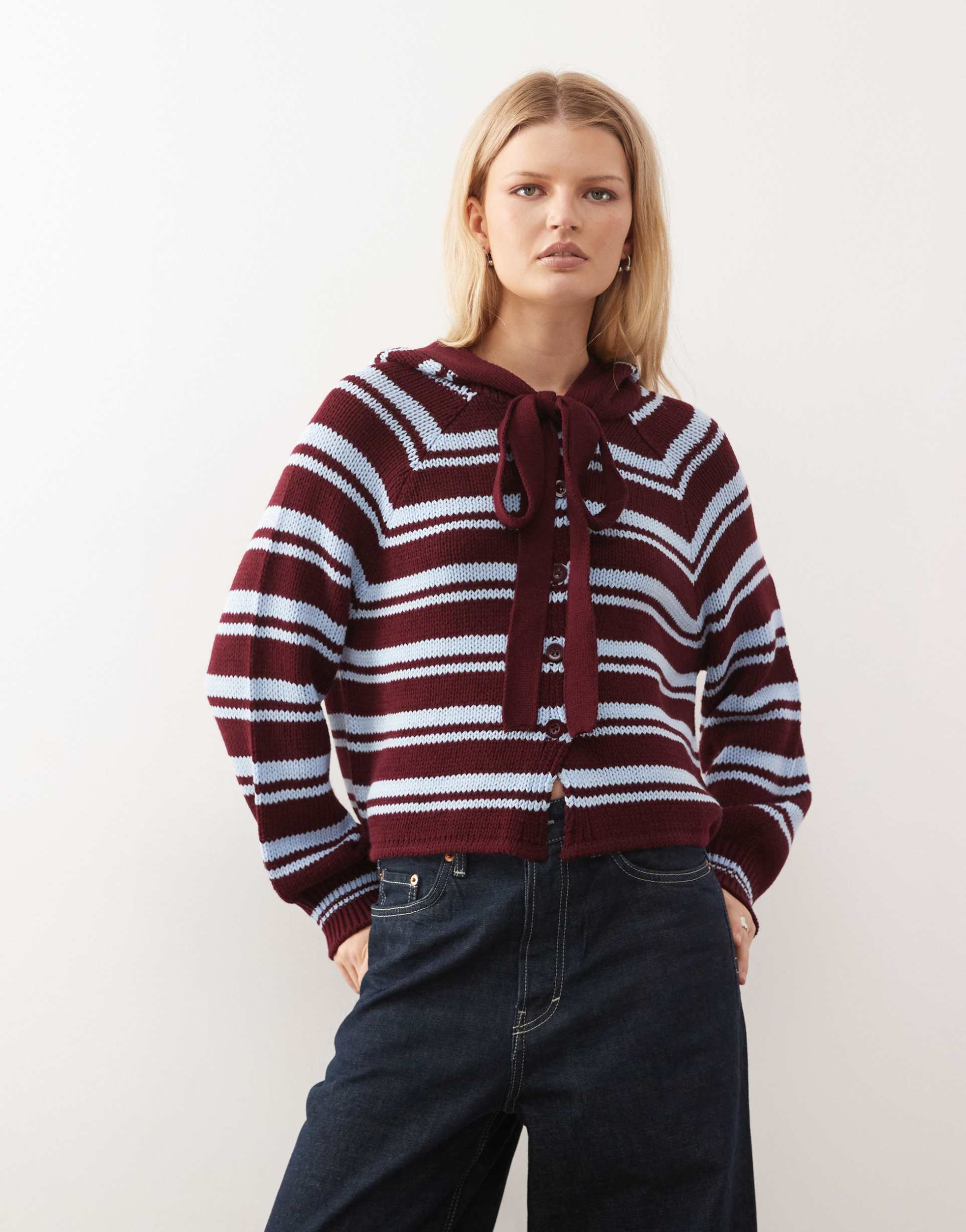 collusion cardigan with hood scarf detail in burgundy stripe
