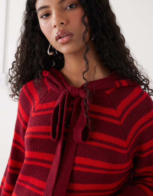 COLLUSION cardigan with hood scarf detail in red stripe, 2 of 4