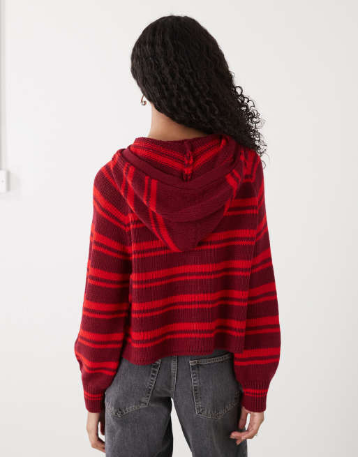 COLLUSION cardigan with hood scarf detail in red stripe, 3 of 4