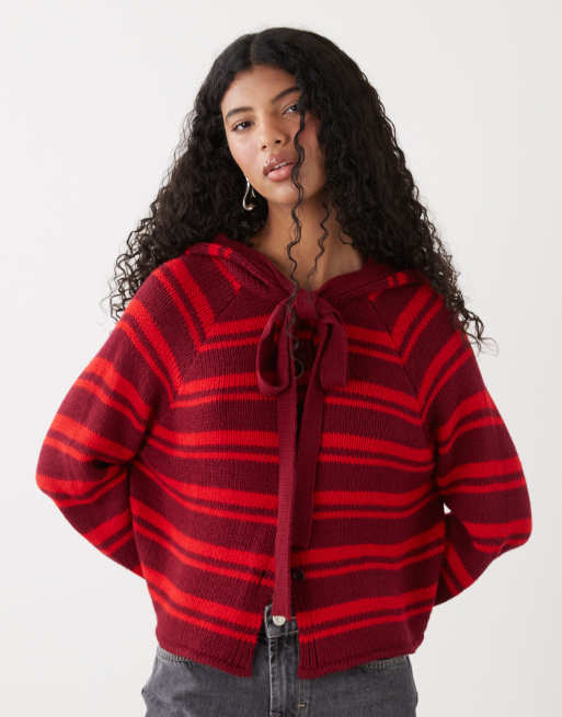 COLLUSION cardigan with hood scarf detail in red stripe, 4 of 4