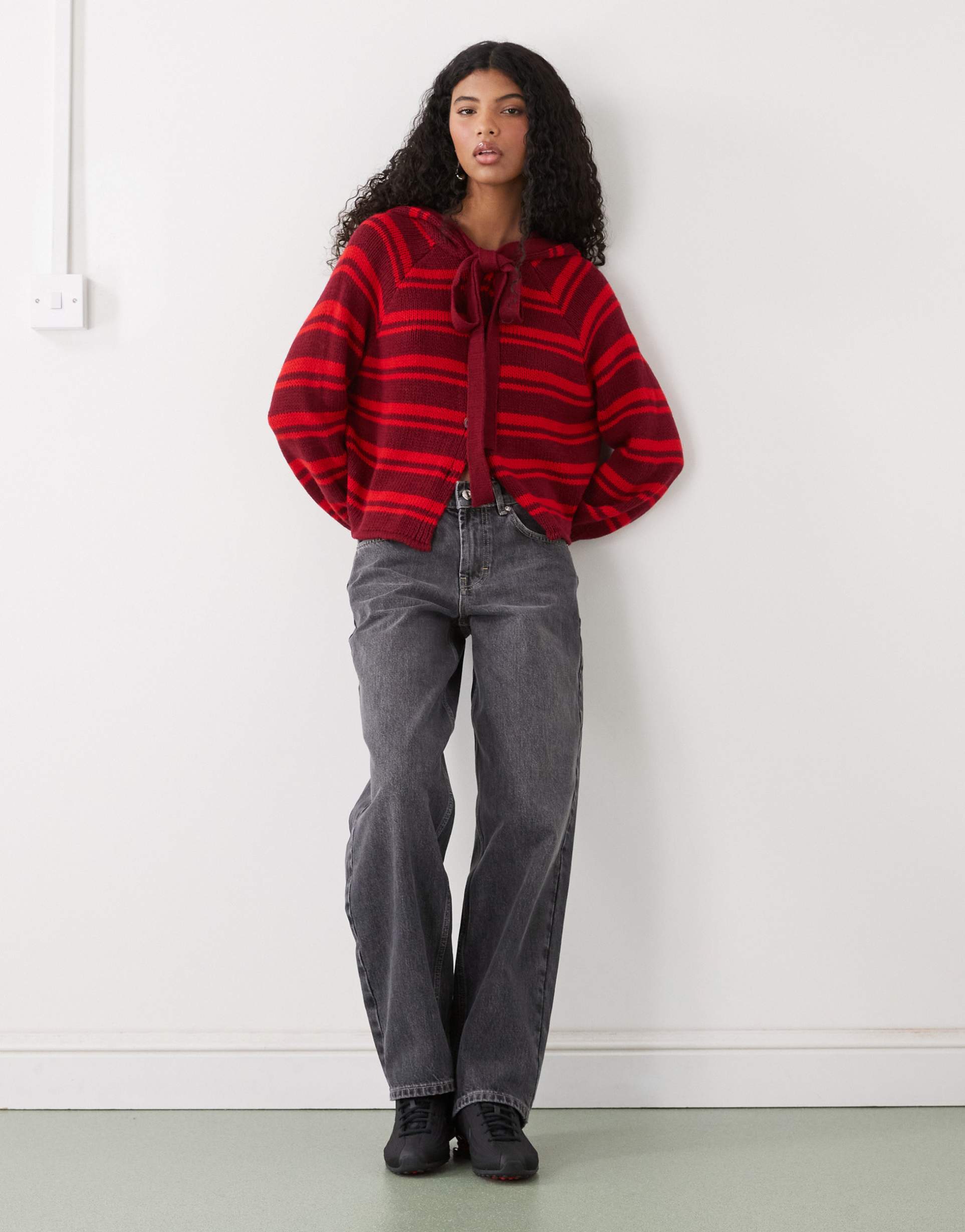 collusion cardigan with hood scarf detailing in red stripes