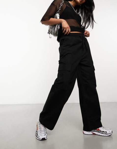 Parachute Pants for Women Drawstring Baggy Cargo Pants Y2K Vintage Trouser  Low Rised Hip Hop Jogger Sweatpants Large 05-black