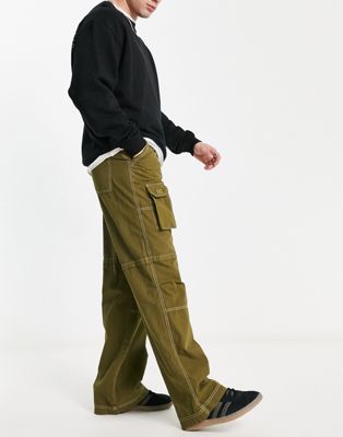 COLLUSION cargo trouser with white stitch in olive