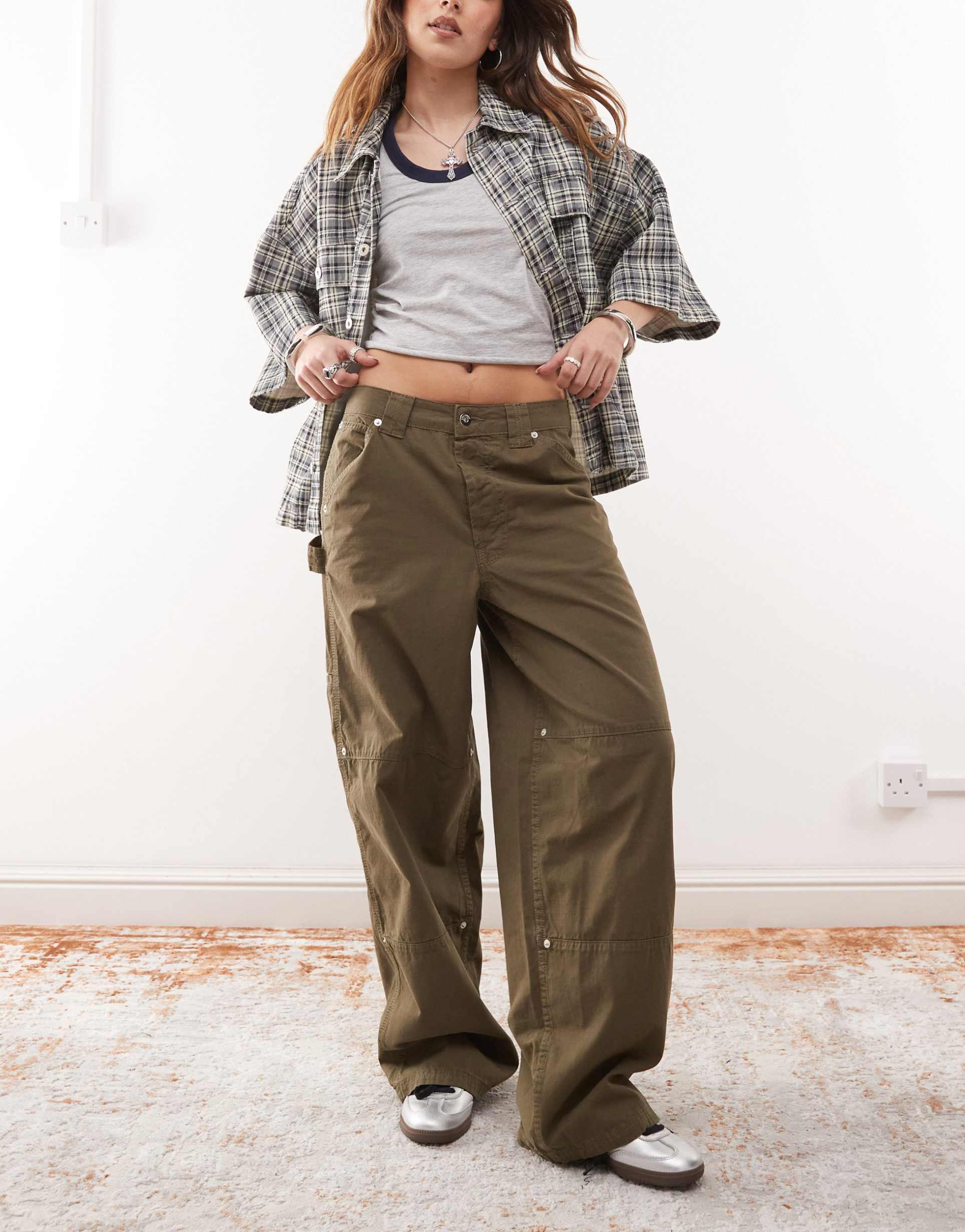 collusion carpenter pants with contrast stitch in khaki