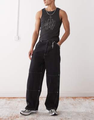 COLLUSION carpenter trouser with contrast stitch in black - view 1